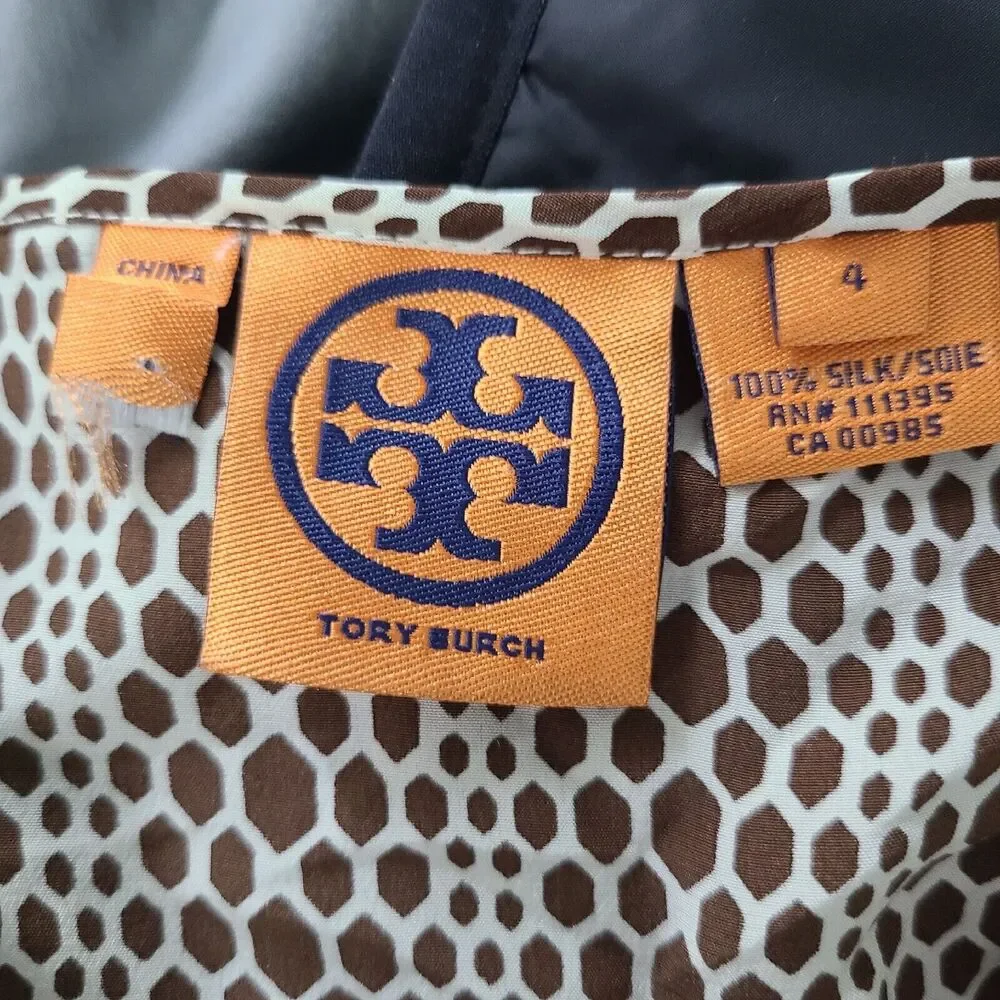 Tory Burch Womens Size 4 100% Silk Geometric Long Sleeve Blouse Tunic Brown